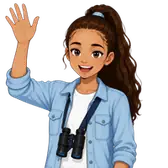 Nevaeh, a kid explorer in a denim jacket with binoculars, waving